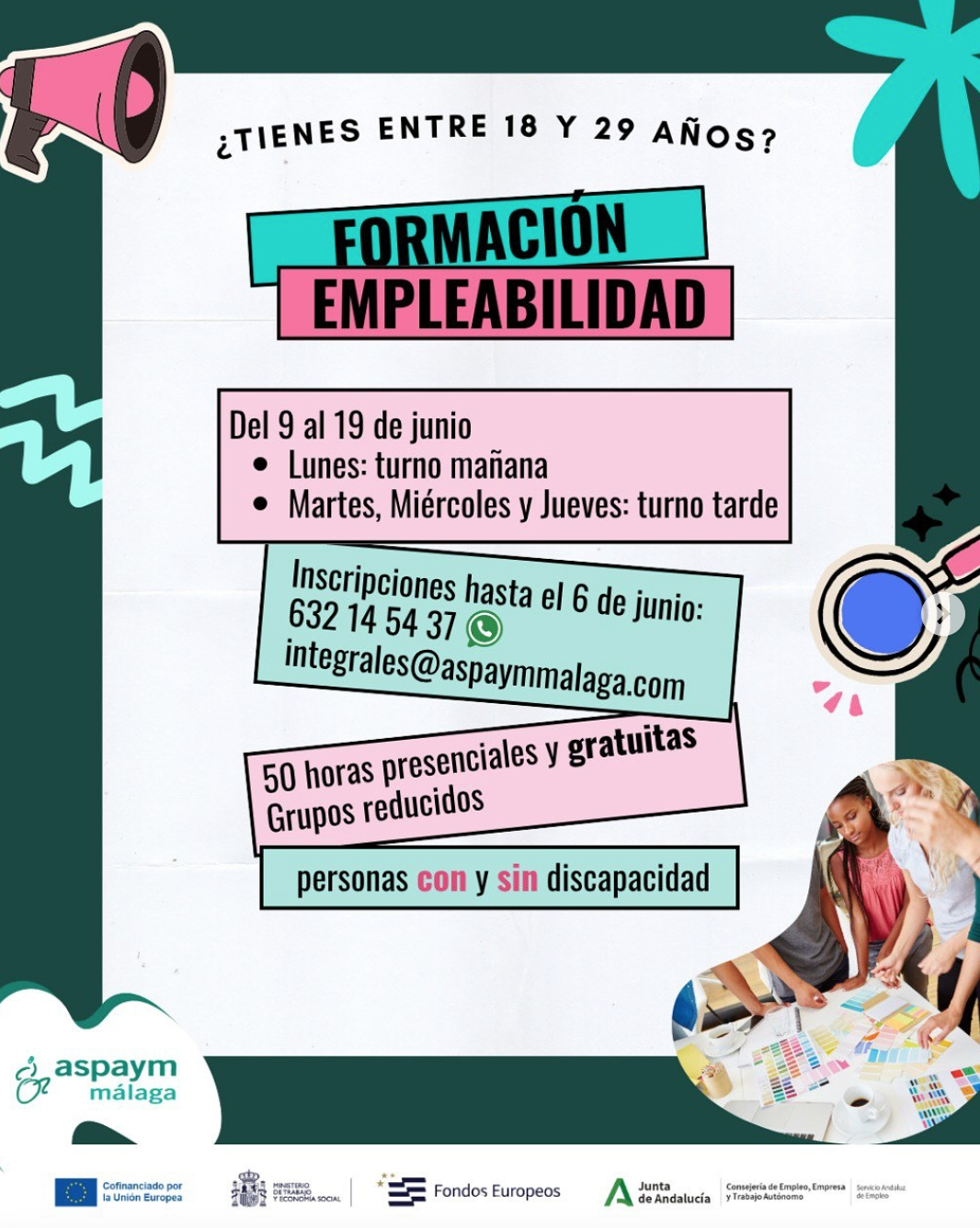 Cartel informativo del curso de empleabilidad para jóvenes en ASPAYM Málaga con fechas, horario y datos de contacto