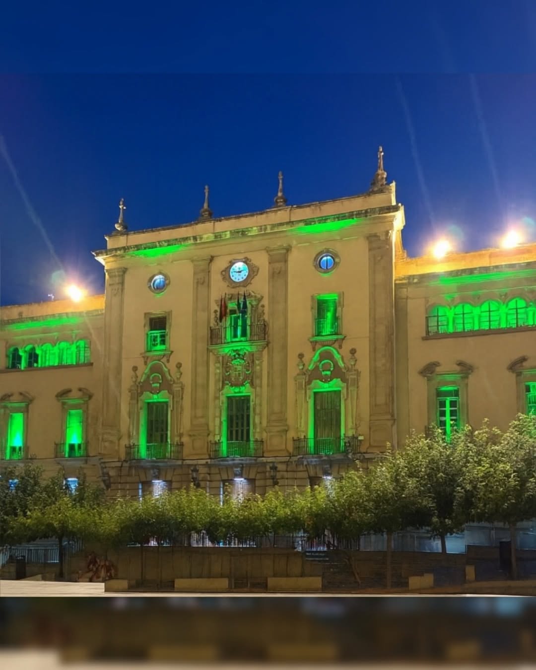 yuntamiento de Jaén iluminado de verde por el Día de la Lesión Medular
