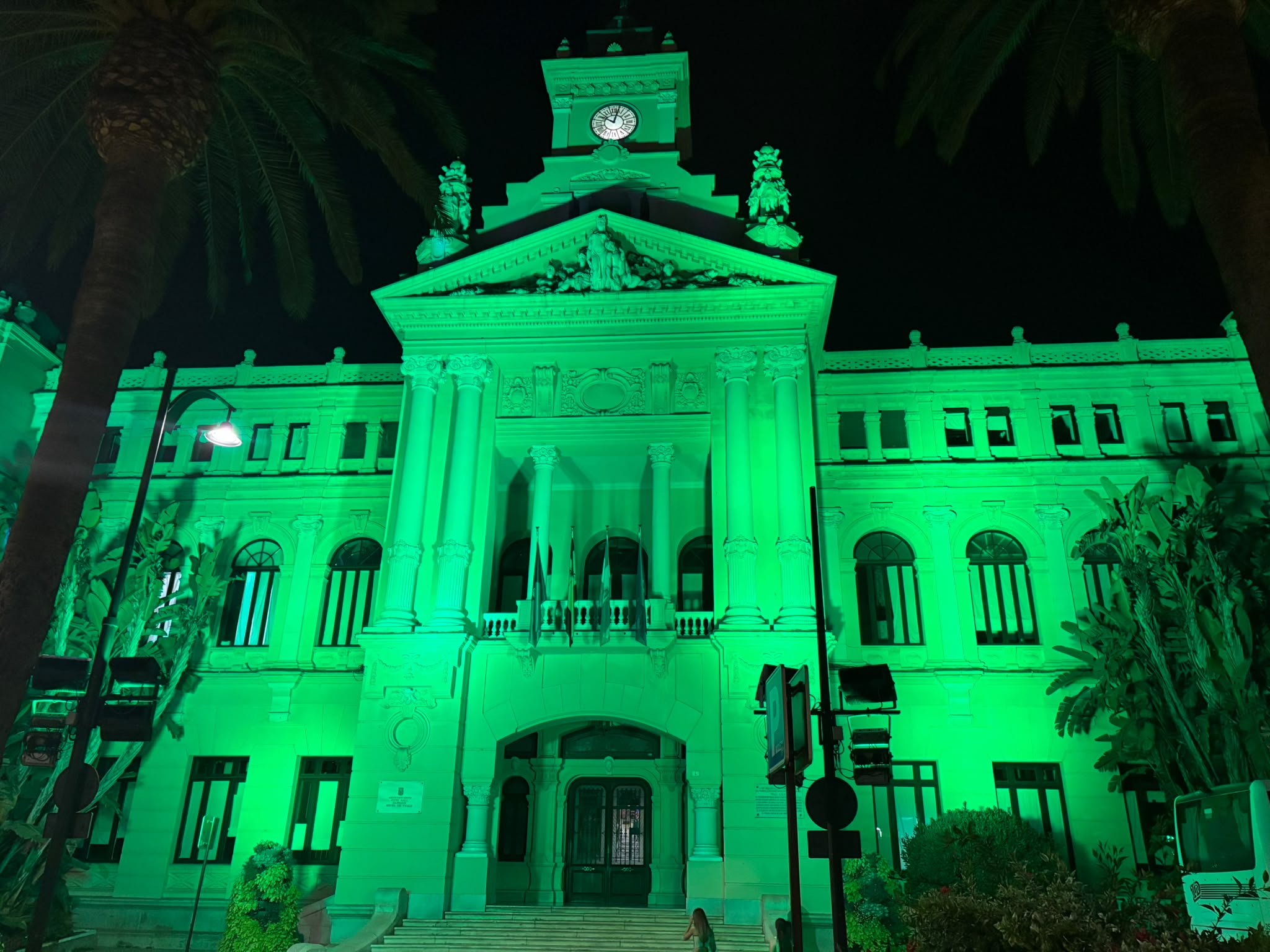 Ayuntamiento de Málaga iluminado de verde por el Día de la Lesión Medular